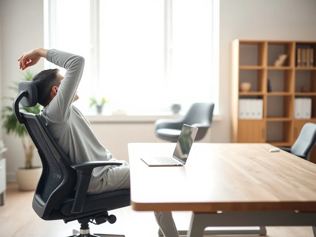 Osoba przy biurku w nowoczesnym biurze wykonuje rozciąganie kręgosłupa, siedząc bokiem na ergonomicznym krześle.
