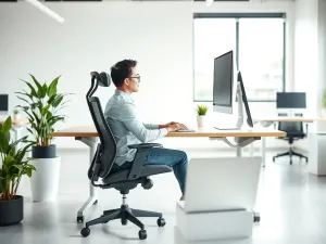 Ergonomiczne stanowisko pracy w jasnym biurze: krzesło z podparciem lędźwi, monitor na wysokości oczu, prosta postura.