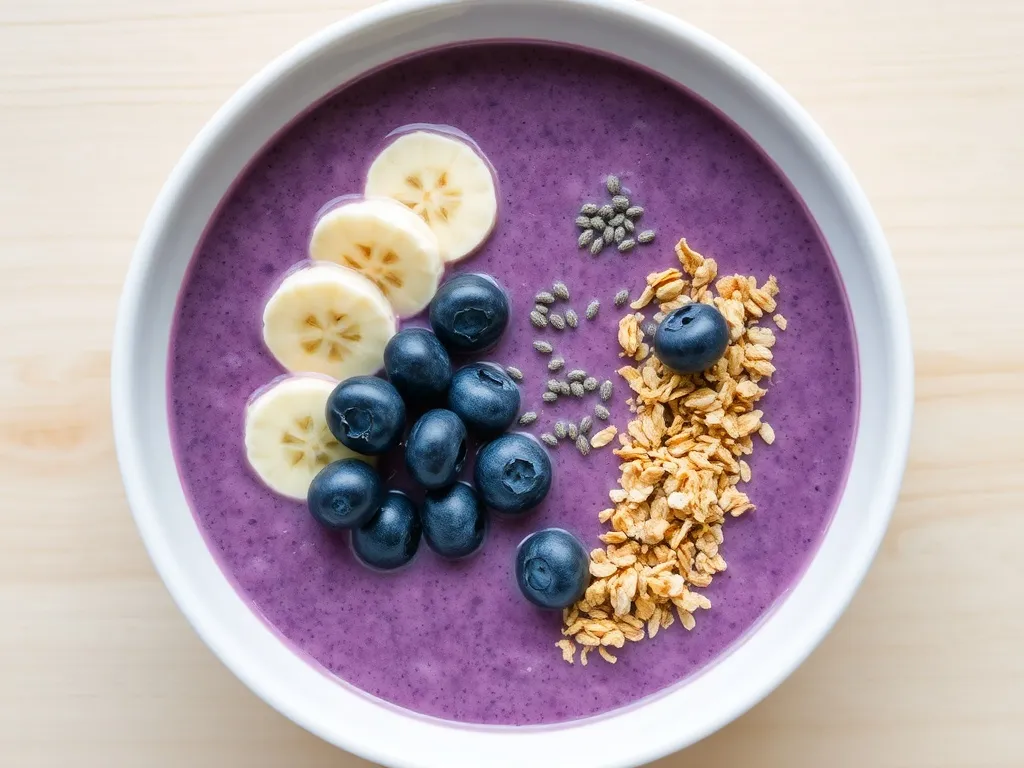 Smoothie bowl z jagodami, bananem, granolą i chia, podany w białej misce na drewnianym blacie, widok z góry.