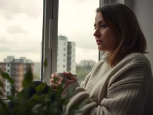 Osoba przy oknie w pochmurny dzień, trzyma kubek i zamyślona patrzy w szare niebo, oddając melancholię braku słońca.