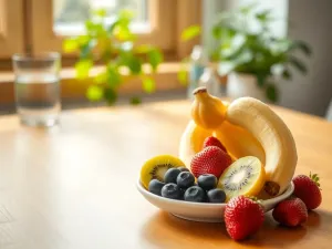 Miska z bananem, kiwi, jagodami i truskawkami na drewnianym stole, symbol zdrowych owoców obniżających ciśnienie.