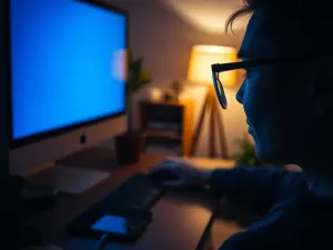 Osoba wieczorem wpatrzona w ekran komputera, oświetlona chłodnym niebieskim światłem, w tle ciepła lampa w pokoju
