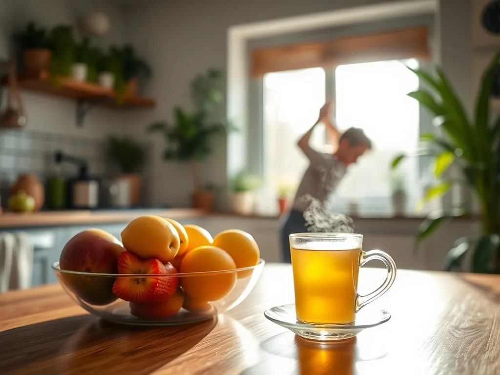 Poranek w jasnej kuchni z wodą z cytryną, owocami i ziołową herbatą, w tle osoba rozciągająca się przy oknie