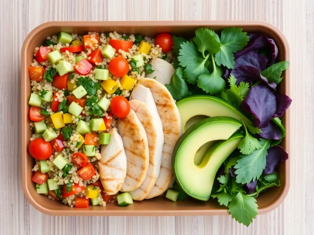 Lunchbox z komosą ryżową, grillowanym kurczakiem, awokado i sałatą jako propozycja szybkiego lunchu do pracy.