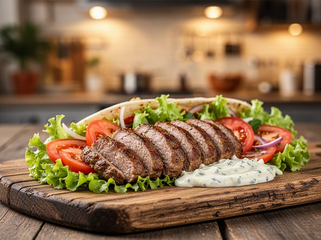 Apetyczny kebab z mięsem, świeżymi warzywami i sosem czosnkowym podany na drewnianej desce.