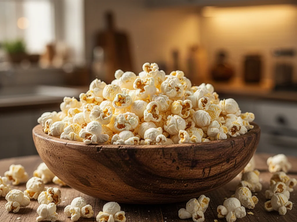Drewniana miska z świeżym, puszystym popcornem w przytulnej, kuchennej scenerii.