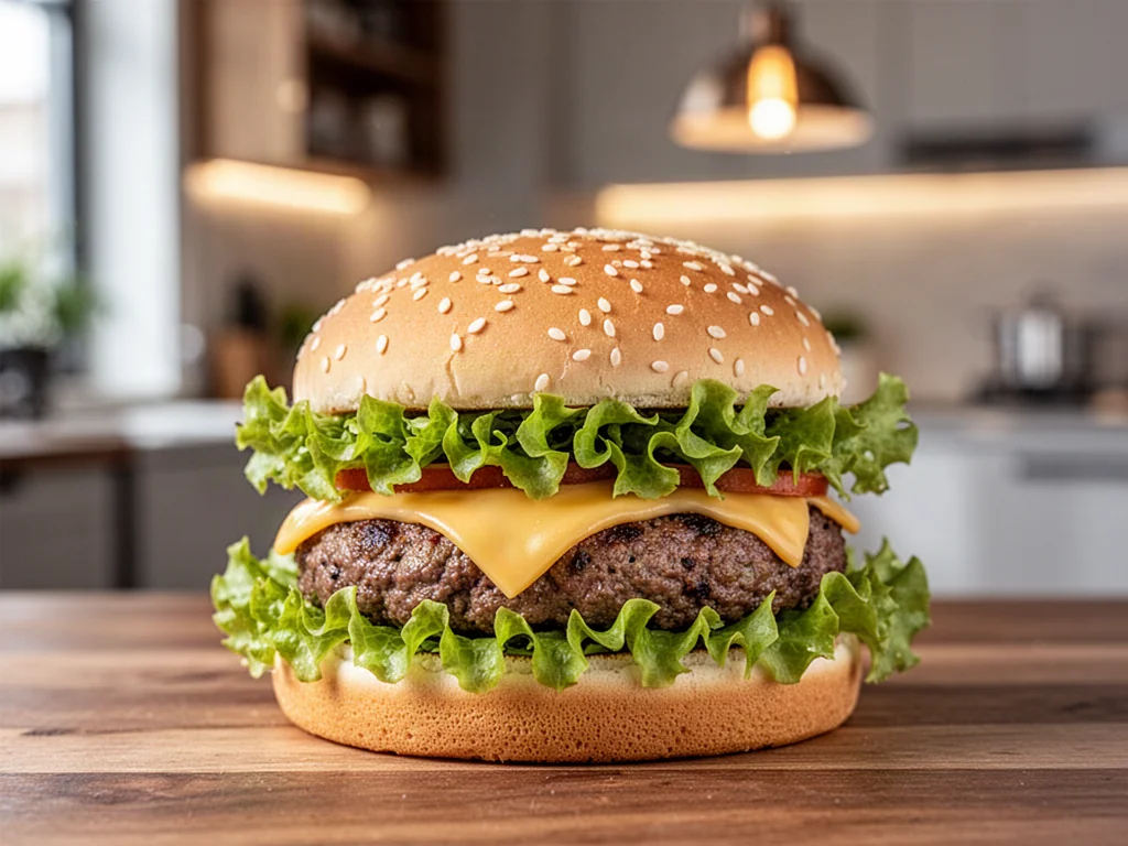 Apetyczny, wielowarstwowy burger z wołowiną, serem i świeżą sałatką na drewnianym blacie w nowoczesnej kuchni.