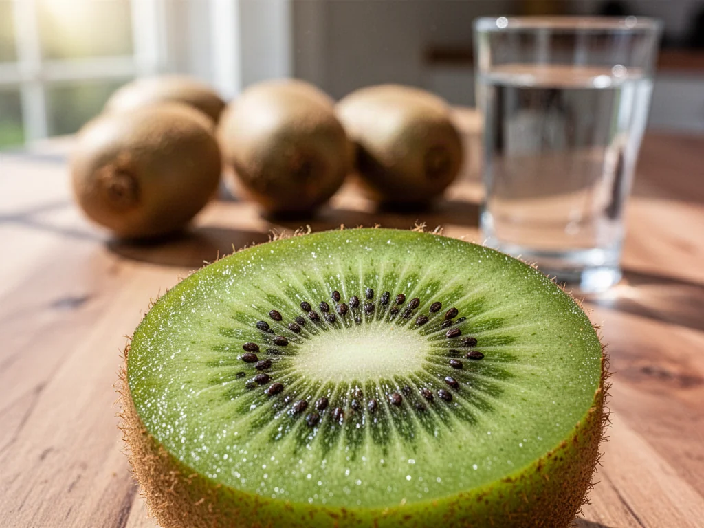 Świeży, przekrojony owoc kiwi w zbliżeniu, ukazujący soczysty miąższ i drobne pestki na tle drewnianego stołu.