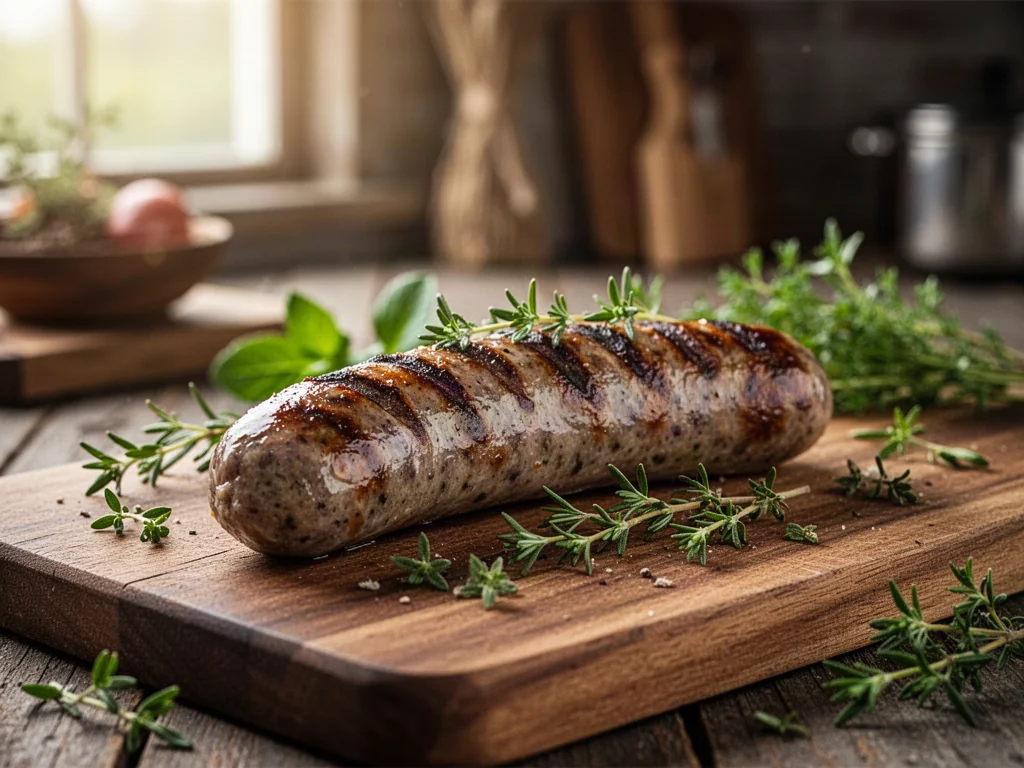 Grillowana parówka z ziołami na drewnianej desce do krojenia w rustykalnej kuchni.