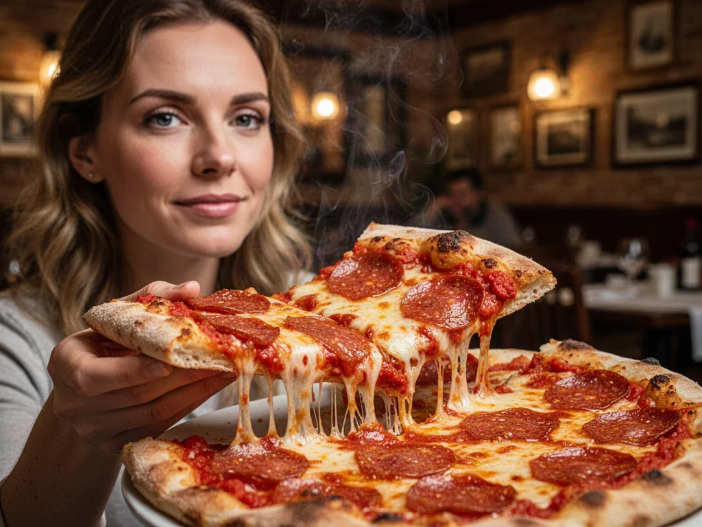 Kawałek gorącej pizzy pepperoni trzymany w dłoni na tle przytulnej włoskiej restauracji.
